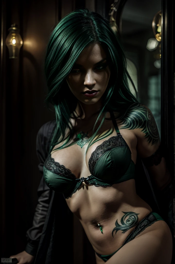 hyperrealistic goth girl with dark green hair and tattoos with small breasts and emerald green eyes wearing black lingerie, bright light