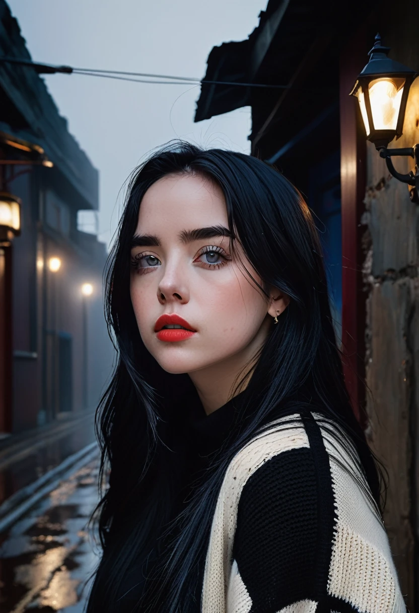 billieeilish, 長いBlack Hair, Modern photography, (wearing large Edge PO pullover, Edge PO), (Wearing leggings), (Cowboy Shot), (35mm, debt/2.8) Photo debtocus, DOdebt, Aperture, Highly detailed and exquisite, character, Hypermaximalist, beautiful, reveal, Charm, Charm, Affectionate, Ultra-realistic, Very detailed, beautiful girl, ((Detailed eyes)), Long eyelashes, (Glossy Lips), Standing on a narrow dark road, Fog in the background, Pitch Black Night, Cloudy, alone、sad、Hopeless、Dark background、((Dark roads))、There is not a single streetlight、Really dark background、In the ruins、(Black Hair)、Wearing a plain black knitted outfit、Wearing jeans。Plain simple clothes