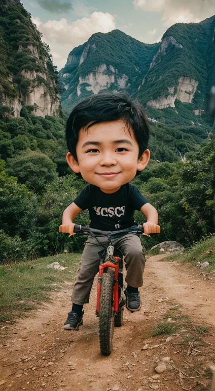 caricature, riding a mountain bike, naughty 5 year old boy, black hair, Asian face, black t-shirt with the words "Yusuf", on it natural scenery, green mountains with natural limestone, cliffs with steep paths and rocks, ultra colors., photo, portrait photography
