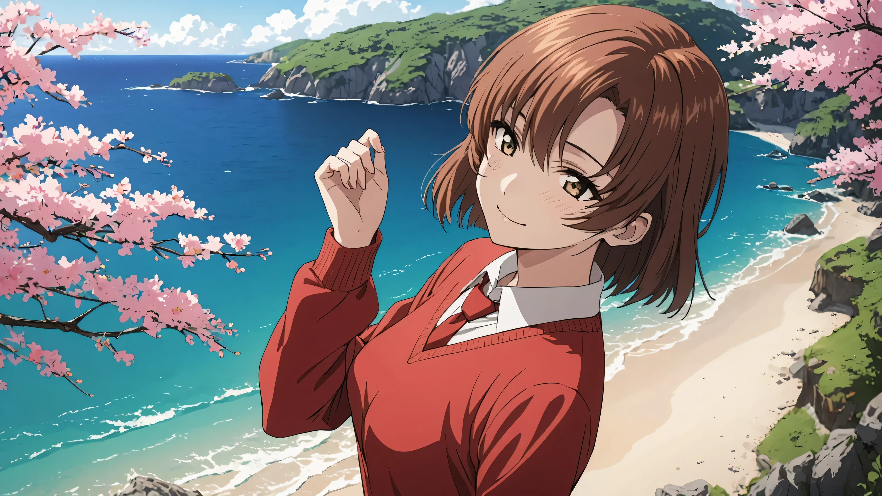 アニメ「Fafner in the Azure」、Shinya Tomi、(masterpiece,Highest quality, Very detailed, beautiful, Exquisite, 4K, Full HD), medium hair, asymmetrical bangs, Brown beautiful hair、Happy atmosphere、smile、Cute expression、Cute pose、Cowboy Shot、One girl、beautiful scenery、Red sweater、White shirt、Red tie、, spring、Lots of cherry blossoms、Island beaches、Gentle Breeze、