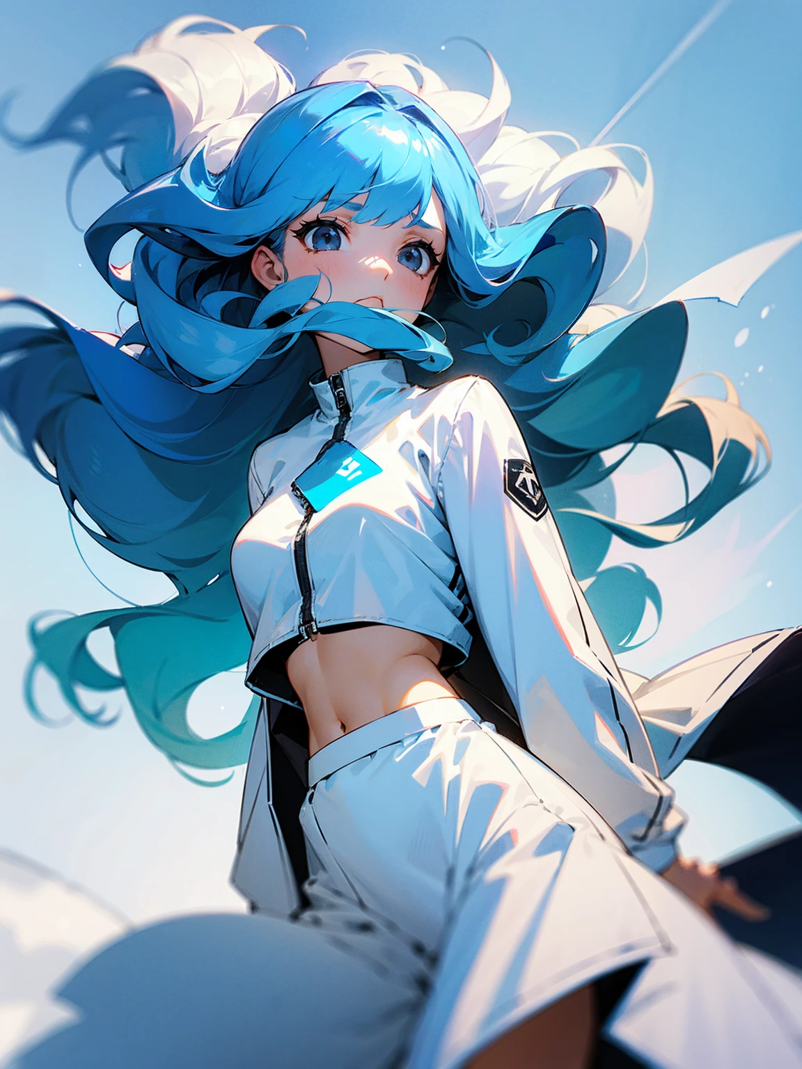 1female, long hair, sky blue hair, curly hair, white dress, crop top jacket, sad, black eyes, beautiful,