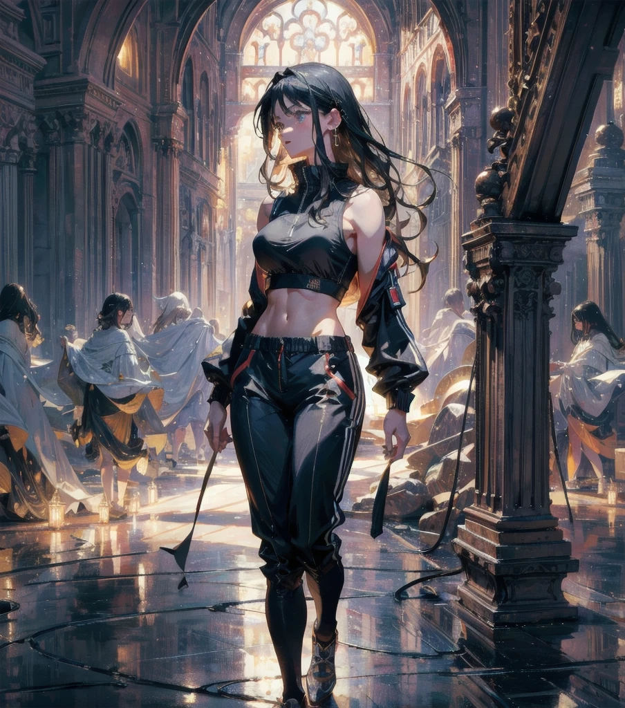 absurdres, RAW photo, extremely delicate and beautiful, masterpiece, Best Quality, ultra high resolution, 32k, hyperrealistic, ultra-detailed, Very detailed CG 8k wallpaper, detailed background, landscape, Beautiful Lighting, Perfect Lightning, Realistic Shadows, perfect anatomy, anatomically correct, ideal ratio body proportions, perfect figure, Perfect Style, Perfect balance, super Detailed skin, in her 30s, very Slim body, narrow waist, very small head, very small face, delicate facial features, handsome detailed woman, very detailed eyes and face, realistic face proportions, Realistic beautiful face, Realistic beautiful eyes, tearful mole, earring, whole body shot, very huge round tits, medium hair, asymmetrical hair, wavy hair, outdoor, tracksuit, shorts, sleeveless, midriff,