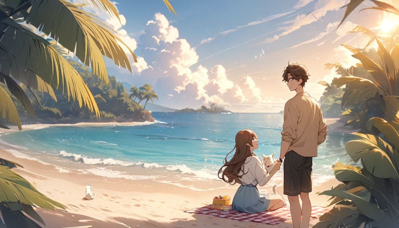 1 couple,brown long hair girl,man with brown hair,Picnic break,There is 1 white cat.,sea sand beach