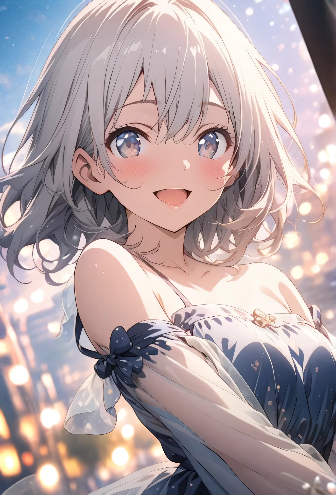 masterpiece, Highest quality, Highly detailed CG Unity 8K wallpapers, High  Girl Anime Illustration. Please wear a small dress., Open your arms, She has her eyes open and her mouth open, smile. Silver Hair, black eye, twins, Bokeh Photo, (Soft Focus):1.2, Out of focus highlights, Dreamy atmosphere, Glowing circle, Fascinating Depth, The background is a realistic urban landscape,Low - Angle,As if capturing the whole body