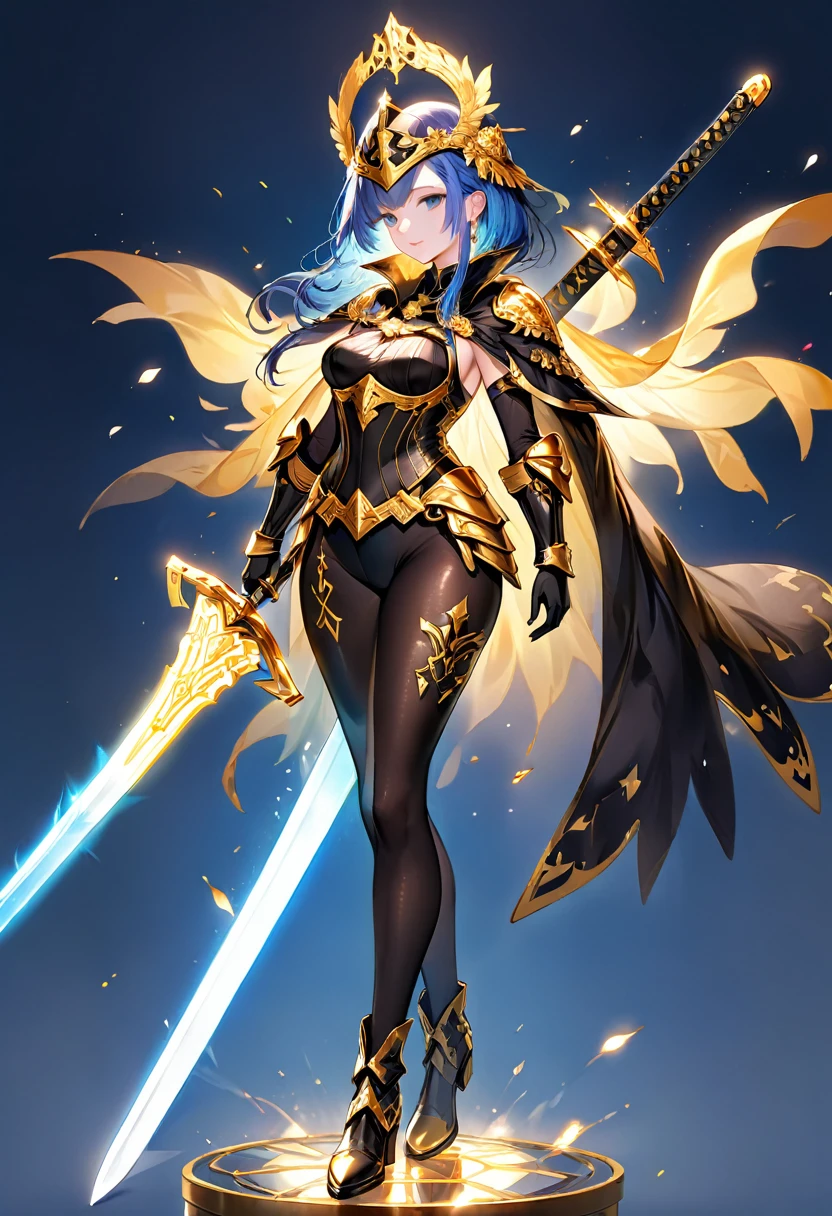 1 young beautiful woman,(Highest quality,Extremely detailed depiction,Incredibly absurd high resolution,Anatomically accurate depiction,Curvy Legs),(Glowing Skin,Shiny skin),(A female swordsman with a noble air),(Black Breastplate,Black boots,Metal embroidery,Transparent gemstones and precious metals decoration,Exquisite armor detailing,Holy sword,Black Valkyrie Helmet,Black Cape,Black tights),(Blue Eyes,Detailed pupil,Half-closed eyes:1.3,Shadowed face,lipstick,There is cleavage in the chest,Cool look),eyelash,Luxury accessories,Earrings,necklace,Bracelet,Standing posture