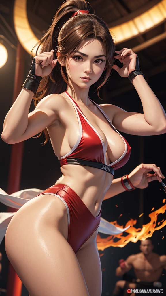 Mai Shiranui, (The King of Fighters), sexy girl, poderosa, traje sexy de artes marciales color rojo, YOUNG, skynny body, small and beautiful buttocks, toned abdomen, beautiful breasts, obscene, sensual, esta en el dojo de artes marciales de Japón, dramatic background, riene abanicos en sus manos, esta rodeada de fuego, partículas de fuego la rodean, energia ardiente, ella esta dando una patada al aire, ella esta entrenando karate, sensual look, beautiful brown eyes, classic hairstyle,Hair dyed in bright brown color, best quality,4k,8k,A high resolution,masterpiece,ultra detailed,Realistic, Photorealistic,photo realistic