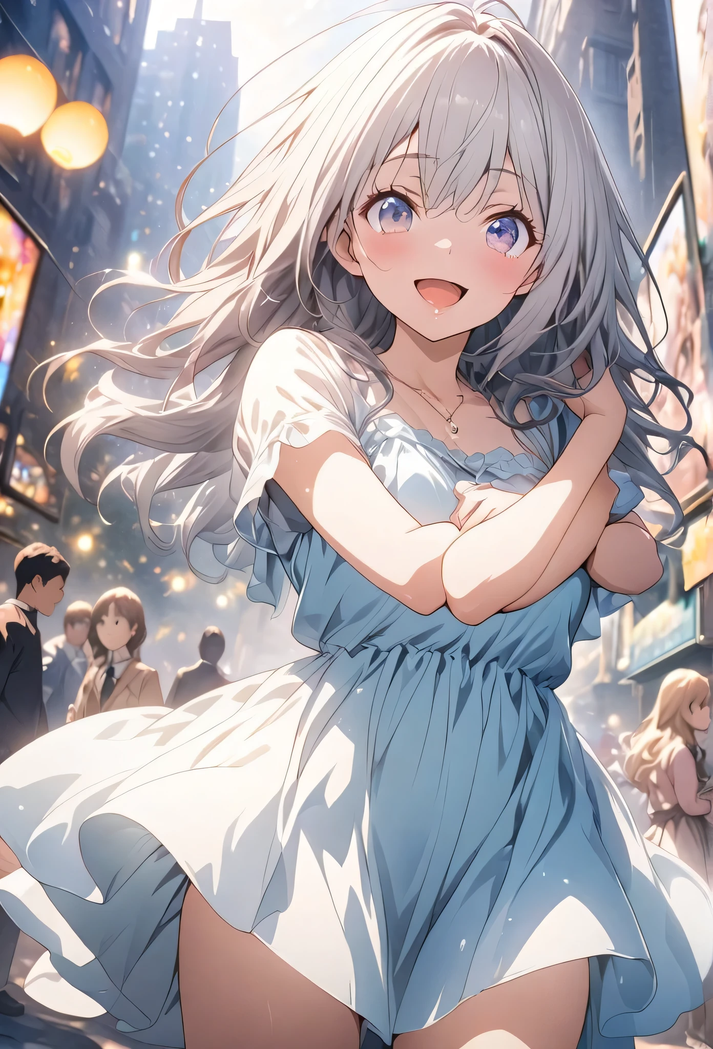 masterpiece, Highest quality, Highly detailed CG Unity 8K wallpapers, High School Girl Anime Illustration. Please wear a small dress., Open your arms, She has her eyes open and her mouth open, smile. Silver Hair, black eye, twins, Bokeh Photo, (Soft Focus):1.2, Out of focus highlights, Dreamy atmosphere, Glowing circle, Fascinating Depth, The background is a realistic urban landscape,Low - Angle,As if capturing the whole body