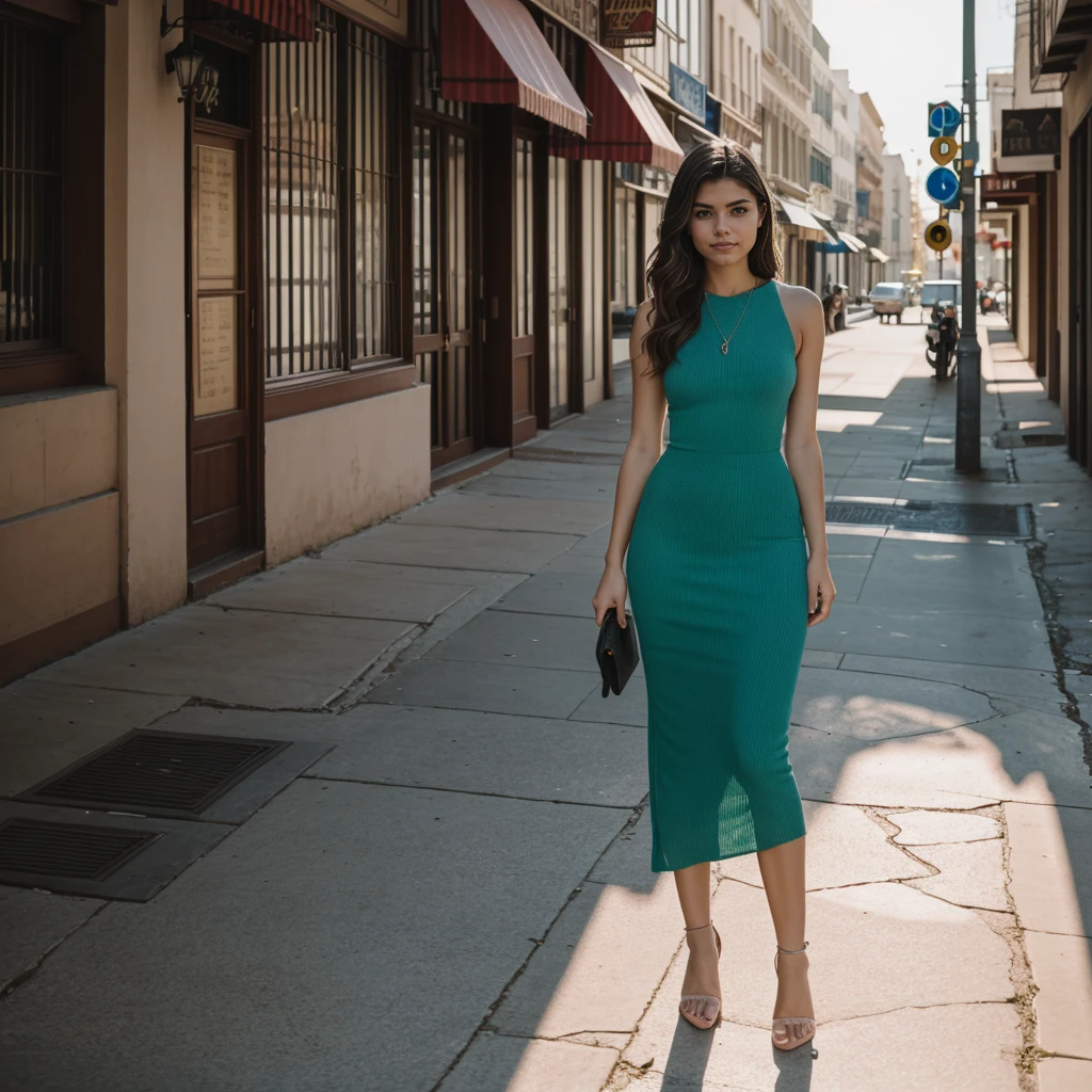 A photorealistic portrait of a 22-year-old woman with stunning fair skin and a perfect, seductive face, featuring penetrating green eyes and soft blush on her cheeks. Her sleek, straight brunette hair cascades down her shoulders, framing her face beautifully. Dressed in a chic, contemporary outfit that highlights her curves, she stands on a vibrant city street surrounded by colorful murals. The lighting is soft and natural, creating a dreamy atmosphere as she gazes into the distance, full body shot, 8k hdr, high detail."