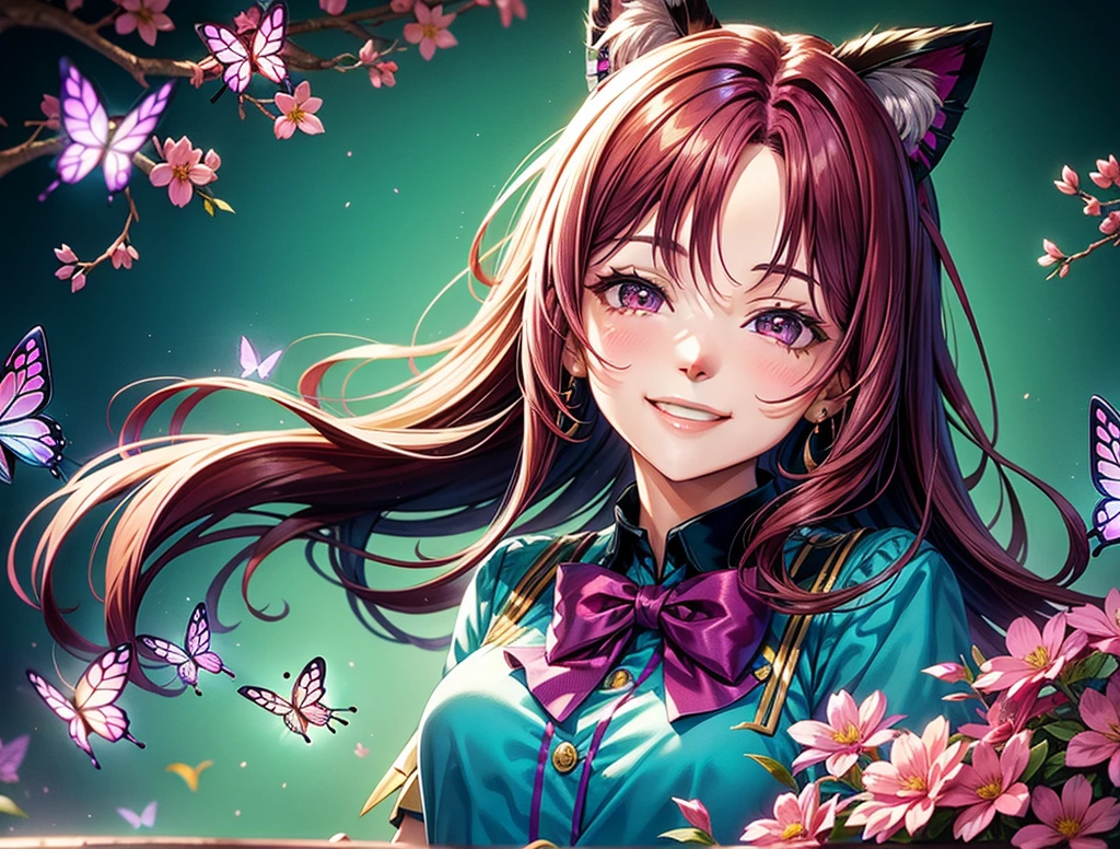 Magenta hair, brown eyes, older woman, hair bows, cat ears, long hair, smiling face, outfit, butterflies, teal and gold outfit, butterfly background, uniform top