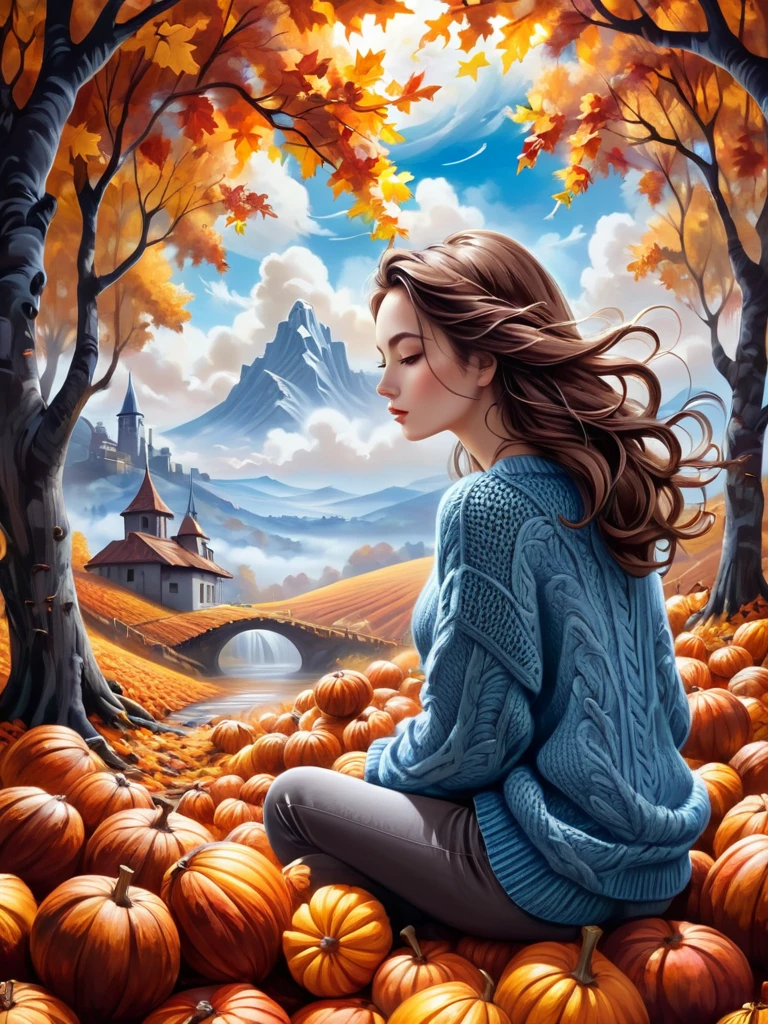 She is soft , graffiti knitted art/style, , flowing breathtaking scene, cacao cotton sky, attractive ,, illusions, well arranged, autumn, perfect composition, no mistake