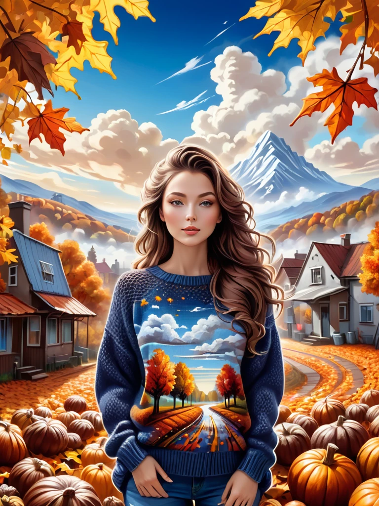 She is soft , graffiti knitted art/style, , flowing breathtaking scene, cacao cotton sky, attractive ,, illusions, well arranged, autumn, perfect composition, no mistake