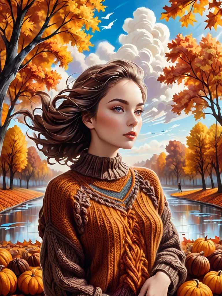 She is soft , graffiti knitted art/style, , flowing breathtaking scene, cacao cotton sky, attractive ,, illusions, well arranged, autumn, perfect composition, no mistake