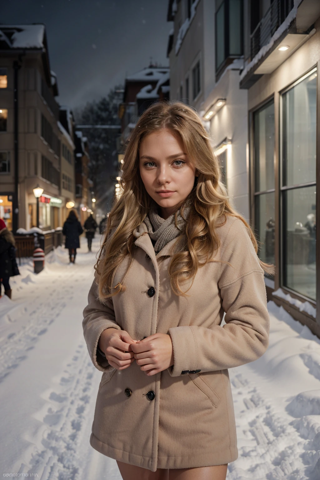 professional portrait photograph of a gorgeous Norwegian girl in winter clothing with long wavy blonde hair, sultry flirty look, gorgeous symmetrical face, cute natural makeup, wearing elegant warm winter fashion clothing, ((standing outside in snowy city street)), stunning modern urban environment, ultra realistic, concept art, elegant, highly detailed, intricate, sharp focus, depth of field, f/1. 8, 85mm, medium shot, mid shot, (((professionally color graded))), bright soft diffused light, (volumetric fog), trending on instagram, hdr 4k, 8k