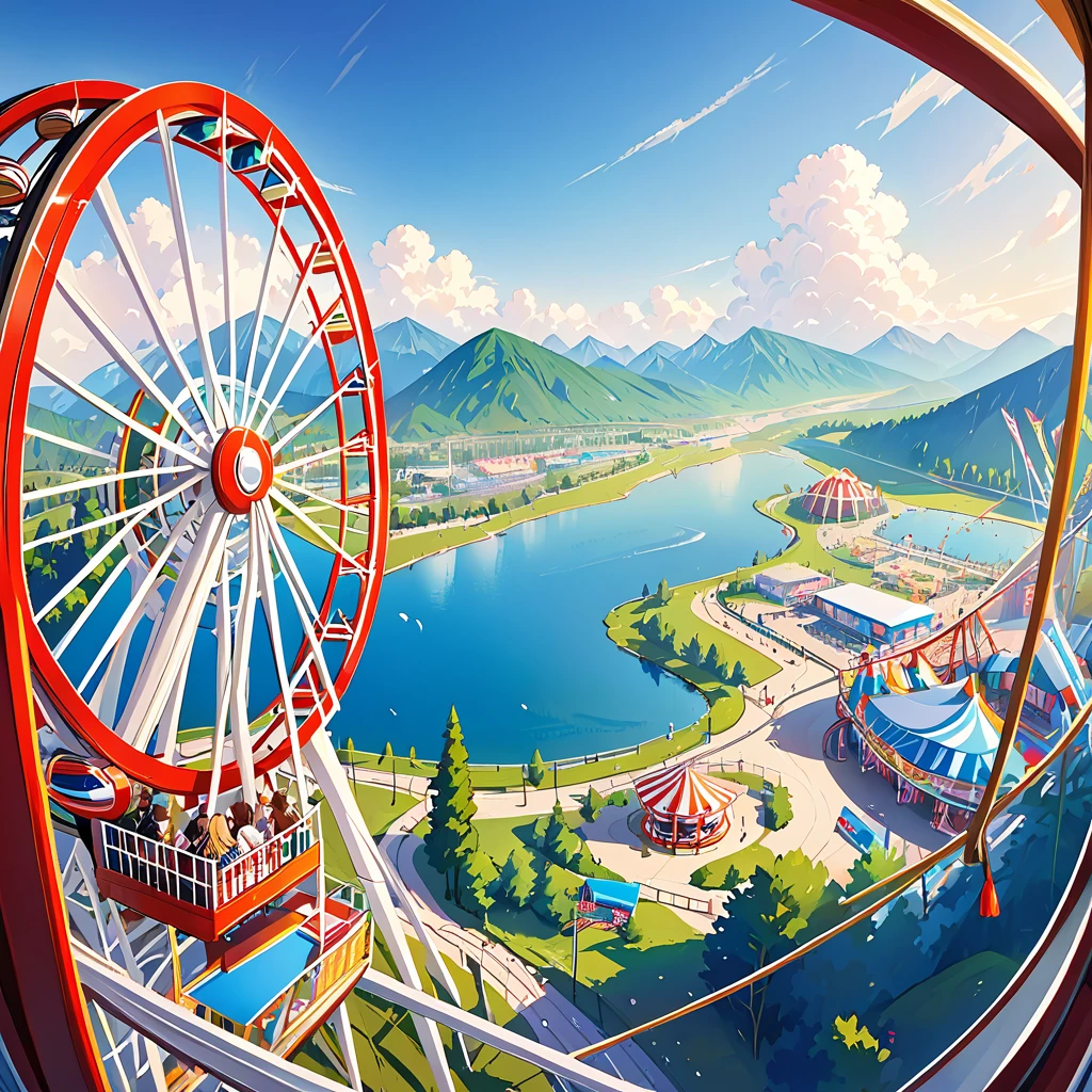 The view from the top gondola window of the Ferris wheel, distant view, mountains in the distance, amusement park,