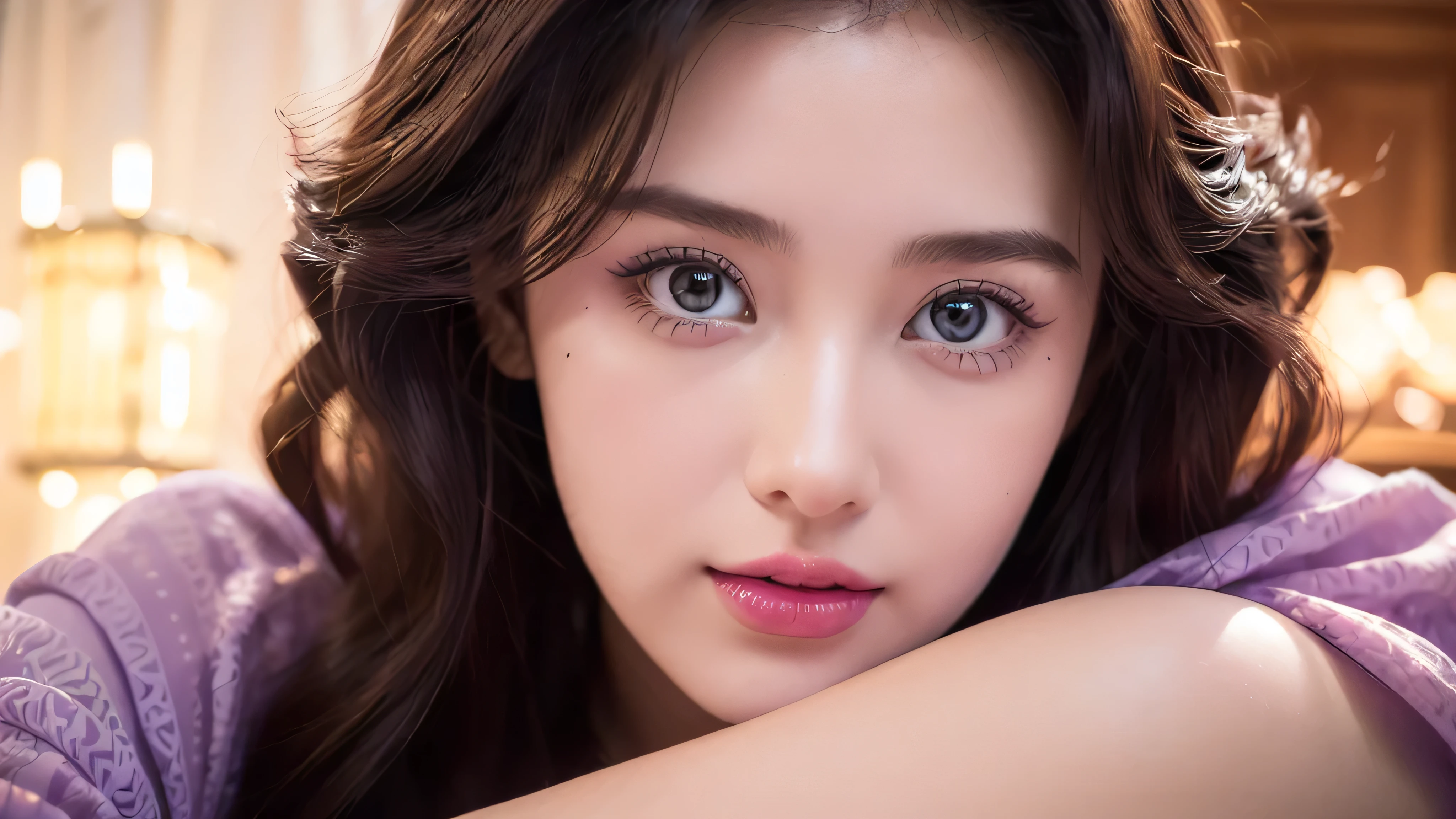 (Close-up of beautiful 28-year-old girl in classic style light purple dress: 1.2), stock photo film, camera f1. 6, saturated colors, lively, Patterns are lifelike, Impressive classic lighting, Modern style, sexy full body photo, Evening, Medium curly hair dyed light brown, pink lipstick