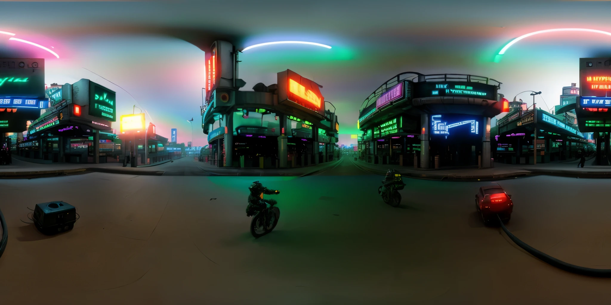 cyberpunk city, neon lights, distopic, trafic, octane render, hyperdetailed, 360 degrees panorama