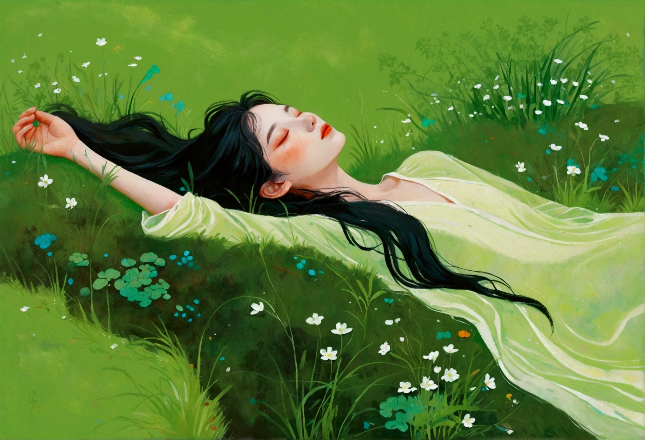 Painting of a woman lying on the grass, an Ultra-fine details inspired by Ren Hang, tumblr, Concept Art, In an empty green field, Gently stroke the earth, Green flowing hair, Grassy, hiding in grass, On a meadow, In the grass, Ultra-fine details, Ren Hang Style, Body covered with moss。(((Oblique composition)))