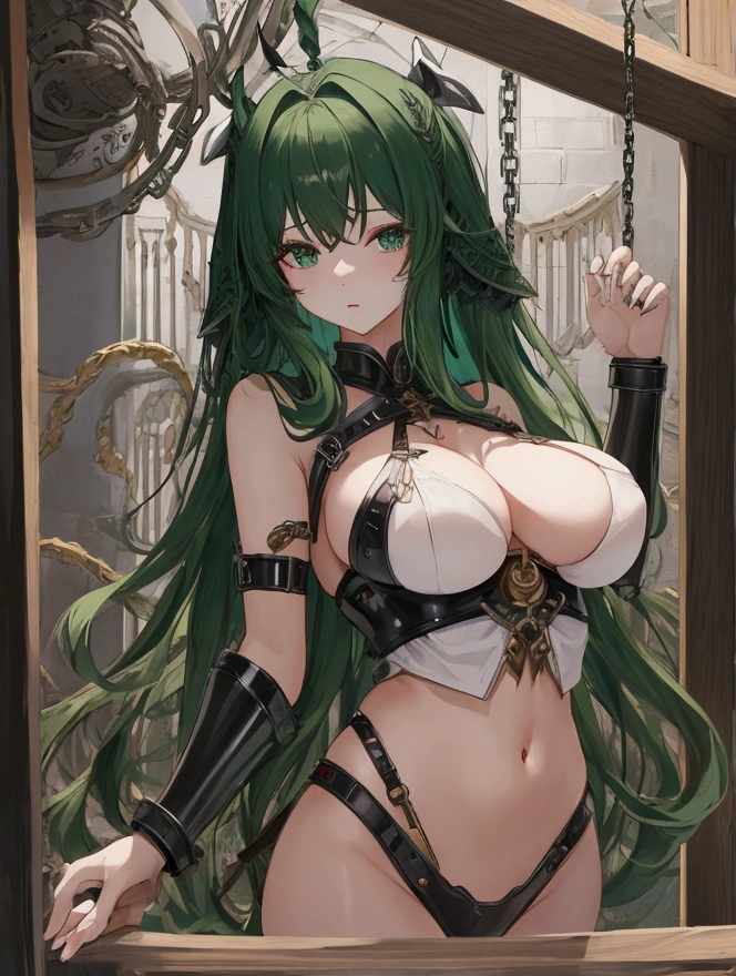 Highest quality, masterpiece, Ultra-high resolution, female、Big Breasts、Captured Creatures、Jail、Iron bars、Limb restraints、Lock、Dark green hair