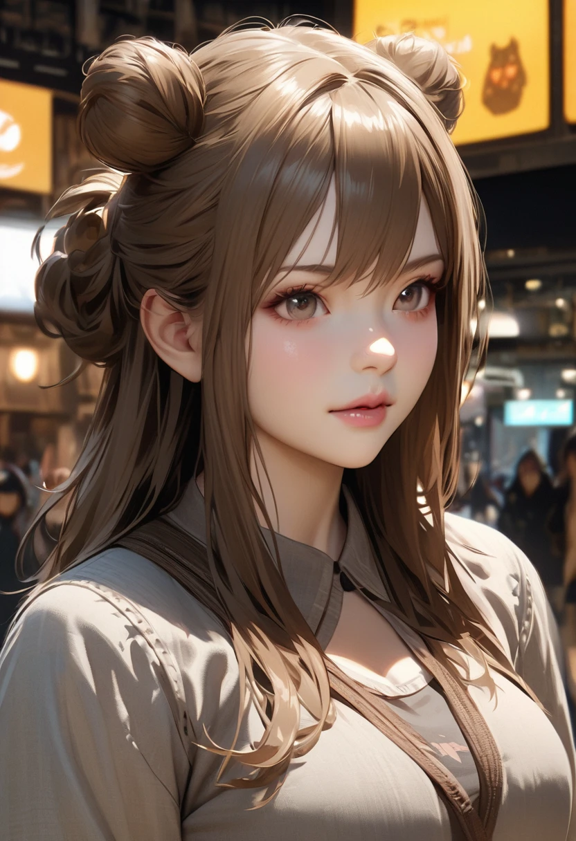 Character Settings：A girl with a boar motif teleported to a downtown area 1. Appearance： - Hairstyle：Two big round buns on top of the head。These are modeled after the realistic shape of a boar&#39;s face.。The surface of the dumpling has a slightly hairy texture.、More boar-like appearance。 - Hair color：The base is dark brown、Contains striking reddish brown highlights。 - clothing：She is wearing Ainu clothing with a boar fur motif.。It has a mottled pattern。The hem and sleeves of the dress are fluffy.、It reminds me of the fur of a boar.。 2. accessories： - necklace：A white pendant resembling a small boar&#39;s tusk。 - Bracelets：A brown leather bracelet with small boar&#39;s hoof charms。 - ヘアaccessories：A boar&#39;s ear-shaped hairpin used to secure the bun。 3. Pose and expression： - Posture：Leaning forward a little、Be wary of your surroundings。 -expression：A look of surprise and alarm。Eyes Wide Open、4. They are threatening others.. Background and Circumstances： - setting：Suddenly teleported to the center of a busy downtown area。 - Reactions from others：Passersby stare at her in amazement.。 - Contrast：A wild girl reminiscent of animals in nature、A scene composed to highlight the contrast of the modern cityscape。 5. The details： - Around the Girl、Small light particles and fog-like effects that indicate the moment you teleport。 - The hem of the dress flutters in the wind、It gives the impression of boar hair standing on end。 - At her feet、There are a few fallen leaves and twigs scattered around, reminiscent of the forests back home.。 24 years old,nsfw,one woman,tattered clothes,on all fours,squatting,muscular,beautiful face,small eyes,sharp eyes,angry,surprised face,scared face,excited,stern expression,glare at,crowd of people,anime style,high quality,illustration,masterpiece,japanese、Distraught、panic、Puzzled、Tattered clothes、Wild 、wild、The hustle and bustle、crowd、Clothes are the place々Defeated、Exposed Skin、The background is detailed