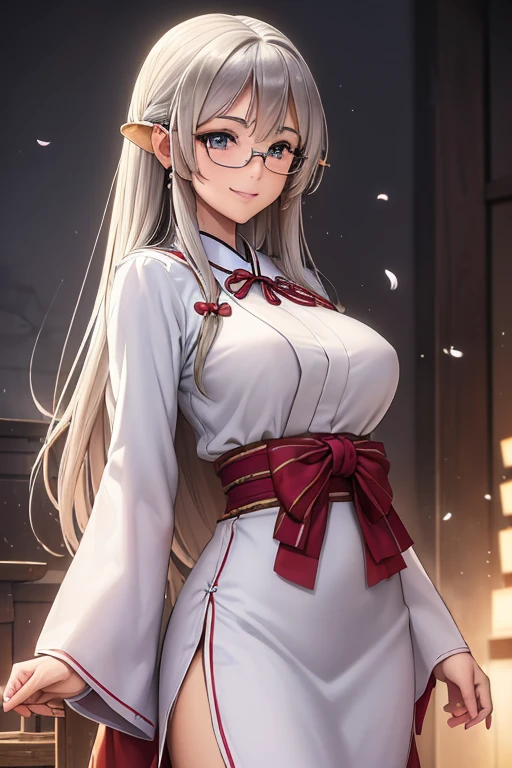 #Basics A girl is posing for a photo, animeのかわいい女の子, ((One Girl)), (((Baby Face:1.2)) + ((cute:1.3))),
break
#Clothing Accessories
((Shrine maiden costume) : (Long sleeve) + (Wide Sleep) + White Haori + (cherry blossomsの刺繍が施されている) + ((Long Length)Deep red hakama skirt) + ((伝統的な日本のshrineのShrine maiden costume))), (Black frame glasses),
(Gold hoop earrings),
break
#Features
((Silver Hair)), (Bangs that expose the forehead:1.4 + I can see a beautiful forehead:1.4), ((Long Hair) : Long Hair + Fuller Hair + Voluminous Hair + Hair curled outside)),
((Droopy eyes:1.4, Big eyes:1.2), blue eyes), (Small breasts),
break
#background environment
((noon, Sunshine + shrine + cherry blossoms)),
#Facial Expression Pose
((smile:1.5)), ((Dynamic Pose)),
#composition
((To the camera, Angle from below, Cowboy Shot)),
break
#Body parts elements
(Slim figure),
(Detailed Hair, Beautiful Hair, Shiny Hair),
(double eyelid, Long eyelashes),
(Expression of fine eyes, Beautiful and delicate eyes, Sparkling eyes, Eye Reflexes, Glitter Eyeliner),
(Human Ear),
(Beautiful Nose, Thin Nose),
(Glossy Lips, Beautiful Lips, Thick lips), (Symmetrical facial features),
(Detailed skin, Textured skin, Beautiful Skin, Oily skin),
break
#Quality Image Quality Common
(((Highest quality)), ((masterpiece)), ((Very detailed))), ((Ultra-high resolution)), ((16K, 1080P)), ((FHD)),
(Anatomically correct), (Realistic), (3DCG), (oil),
#Quality image illustration
((comics, anime)), CG illustration,