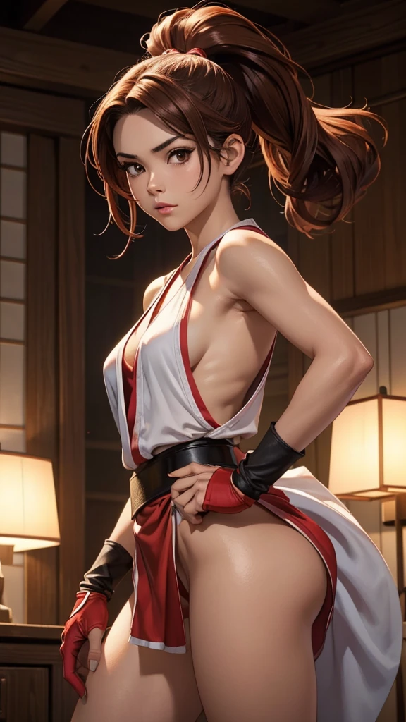 Mai Shiranui, (The King of Fighters), sexy girl, poderosa, traje sexy de artes marciales color rojo, YOUNG, skynny body, small and beautiful buttocks, toned abdomen, beautiful breasts, obscene, sensual, esta en el dojo de artes marciales de Japón, dramatic background, riene abanicos en sus manos, esta rodeada de fuego, partículas de fuego la rodean, energia ardiente, ella esta dando una patada al aire, ella esta entrenando karate, sensual look, beautiful brown eyes, classic hairstyle,Hair dyed in bright brown color, best quality,4k,8k,A high resolution,masterpiece,ultra detailed,Realistic, Photorealistic,photo realistic