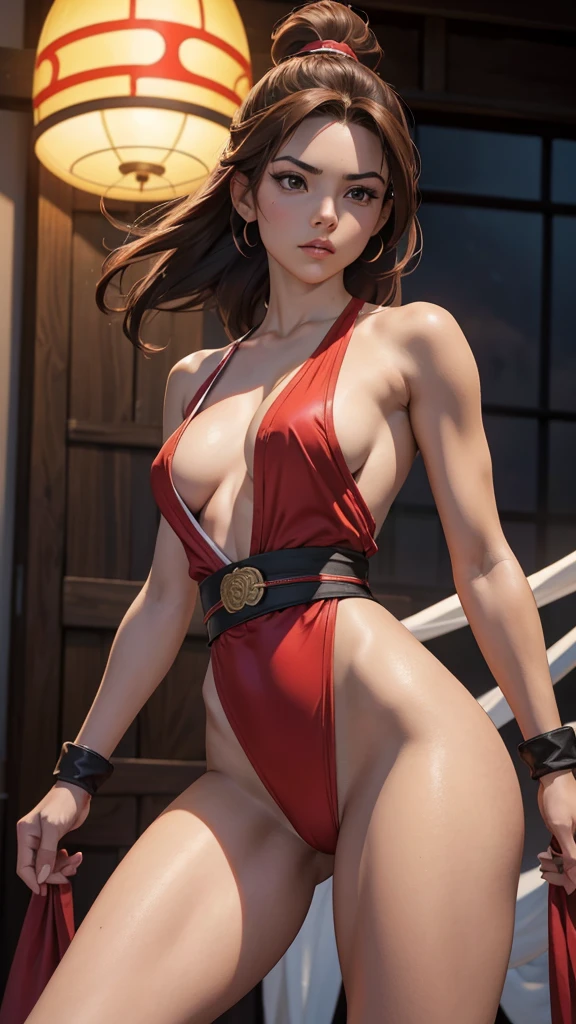 Mai Shiranui, (The King of Fighters), sexy girl, poderosa, traje sexy de artes marciales color rojo, YOUNG, skynny body, small and beautiful buttocks, toned abdomen, beautiful breasts, obscene, sensual, esta en el dojo de artes marciales de Japón, dramatic background, riene abanicos en sus manos, esta rodeada de fuego, partículas de fuego la rodean, energia ardiente, ella esta dando una patada al aire, ella esta entrenando karate, sensual look, beautiful brown eyes, classic hairstyle,Hair dyed in bright brown color, best quality,4k,8k,A high resolution,masterpiece,ultra detailed,Realistic, Photorealistic,photo realistic