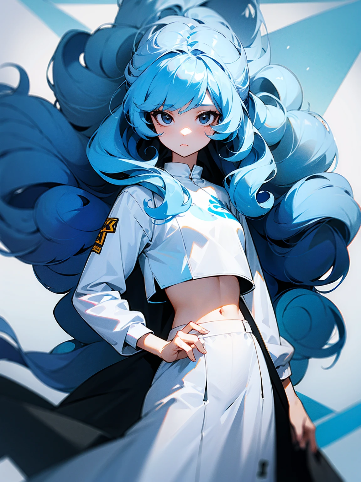1female, long hair, sky blue hair, curly hair, white dress, crop top jacket, sad, black eyes, beautiful,