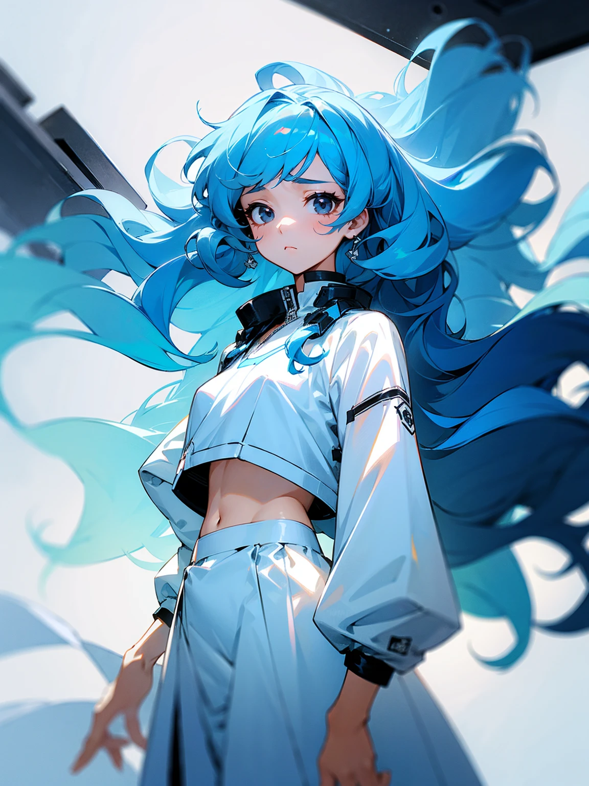 1female, long hair, sky blue hair, curly hair, white dress, crop top jacket, sad, black eyes, beautiful,