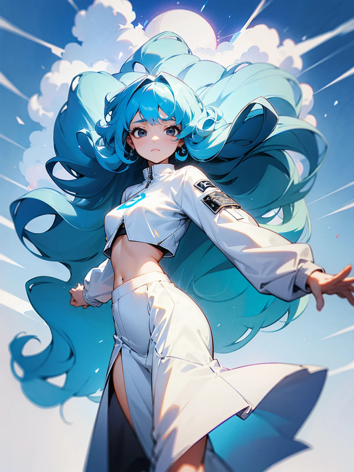 1female, long hair, sky blue hair, curly hair, white dress, crop top jacket, sad, black eyes, beautiful,