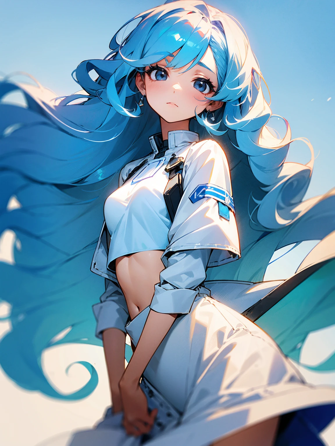 1female, long hair, sky blue hair, curly hair, white dress, crop top jacket, sad, black eyes, beautiful,