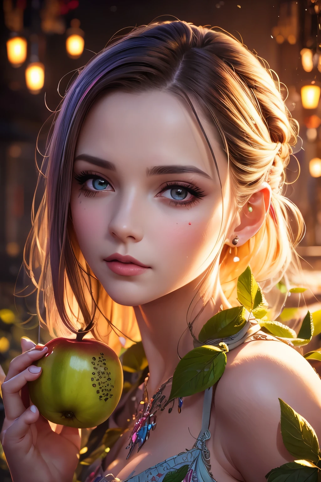 a woman, alice in a dress made of fruit, beautiful detailed eyes, beautiful detailed lips, extremely detailed face, longeyelashes, whimsical, cute, colorful, vibrant, lush, photorealistic, 8k, high resolution, intricate details, dynamic lighting, cinematic, concept art style