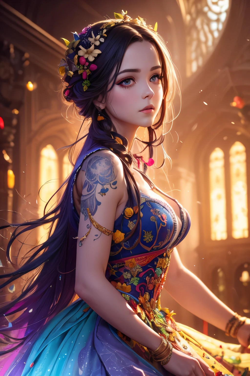 a woman, alice in a dress made of fruit, beautiful detailed eyes, beautiful detailed lips, extremely detailed face, longeyelashes, whimsical, cute, colorful, vibrant, lush, photorealistic, 8k, high resolution, intricate details, dynamic lighting, cinematic, concept art style