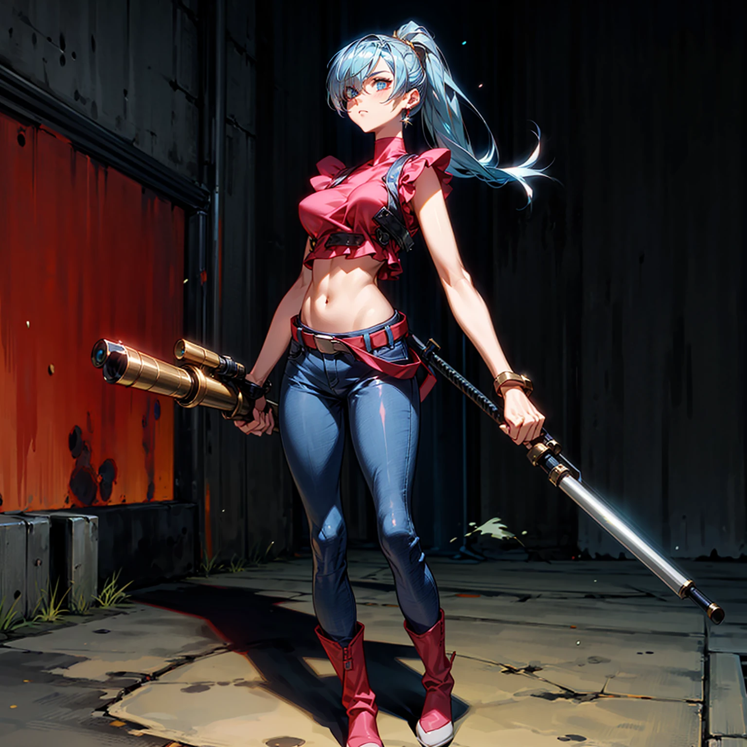 Solo character, full body version, girl, blue hair, long ponytail hairstyle, one eye covered with hair, red crop top, long jeans, belt, gold bracelet, boots, background in street city, diamond earrings, (sniper in hand), Big breasts, blood on Character, glow effect, standing battle gesture 