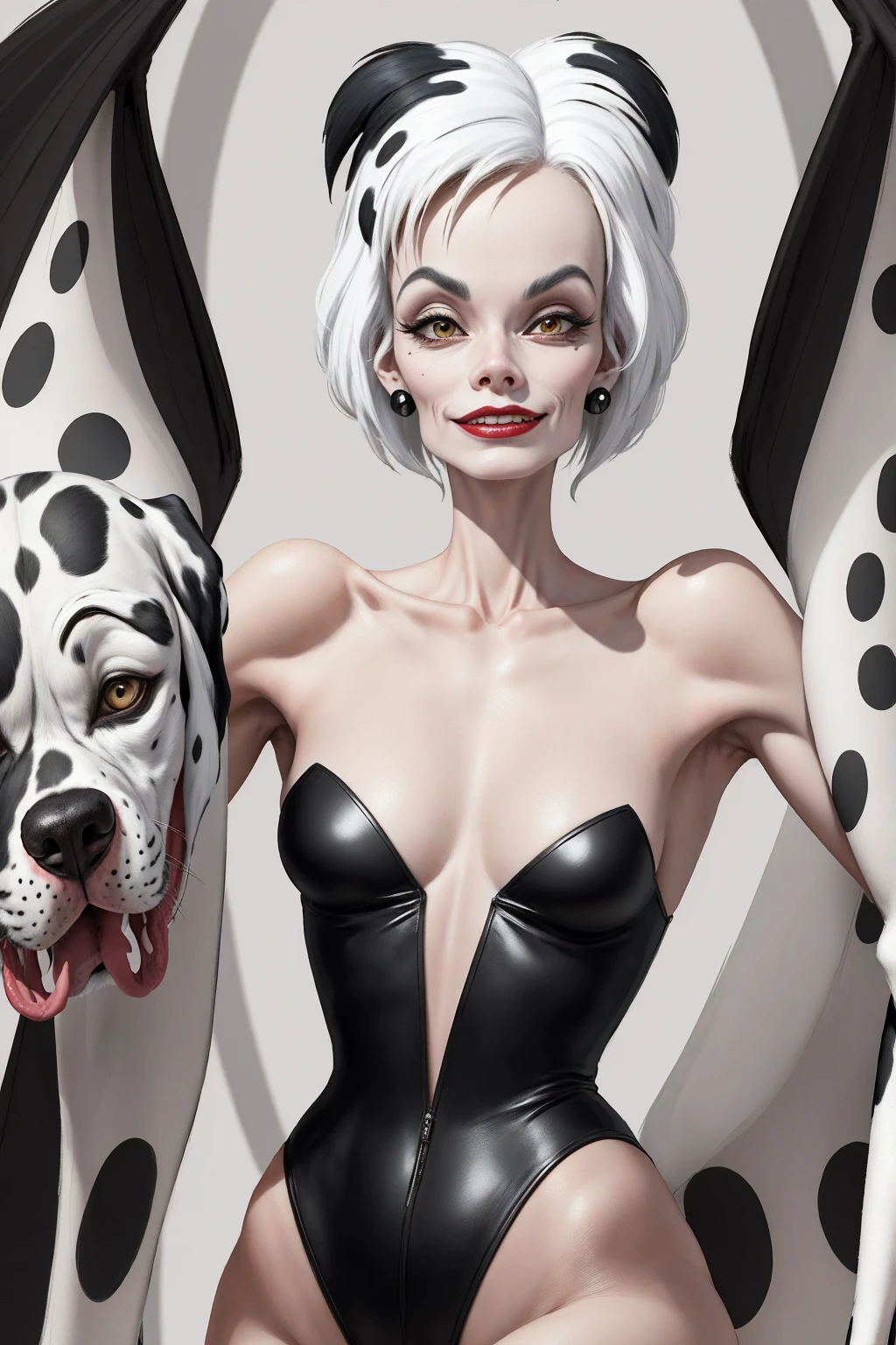 (Masterpiece - Ultra-Detailed, High Resolution) Skinny woman, Cruella Devil from 101 Dalmatians, half black and half white hair, wearing dog skin clothes (dalmatian)