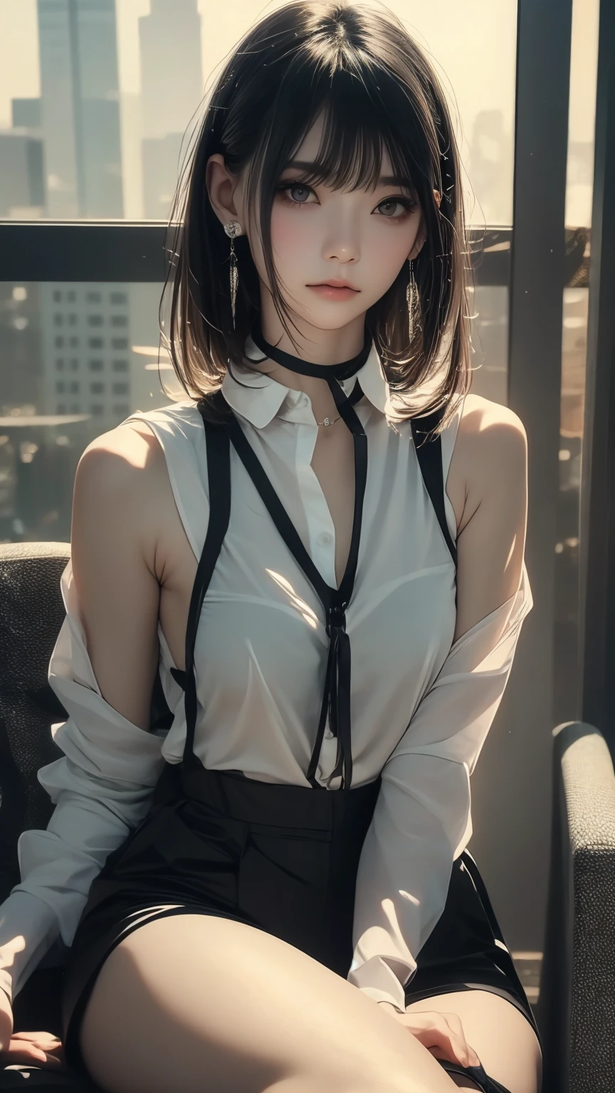 Girl's picture, black medium hair with bangs, red eyes, white shirt, black necktie, harness, earrings, sleeveless , realistic skin texture, sitting on chair, detailed picture, HD32k, looking at viewer, dramatic shadows, vivid lighting, soft sunlight, 
