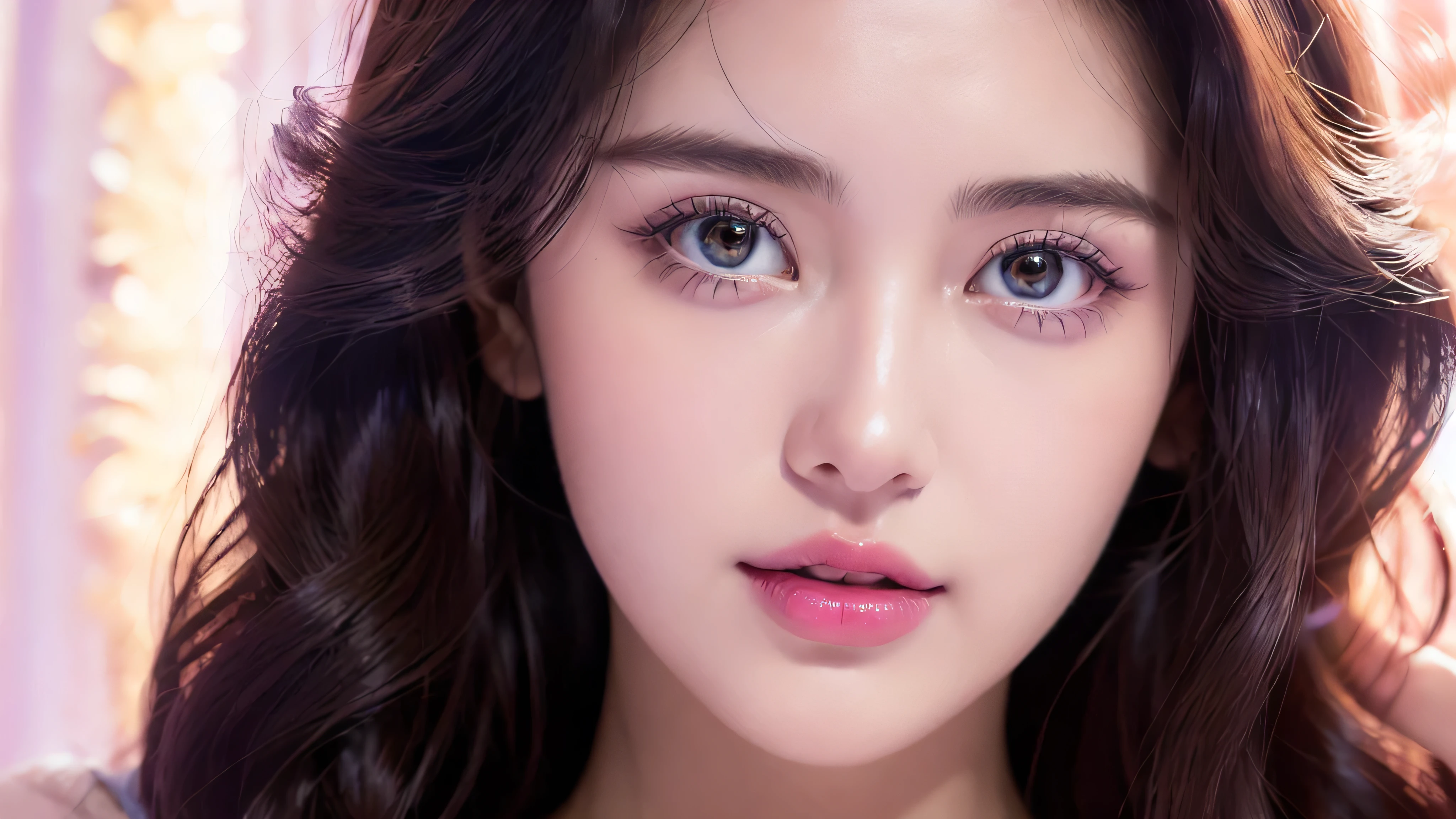 (Close-up of beautiful 28-year-old girl in classic style light purple dress: 1.2), stock photo film, camera f1. 6, saturated colors, lively, Patterns are lifelike, Impressive classic lighting, Modern style, sexy full body photo, Evening, Medium curly hair dyed light brown, pink lipstick
