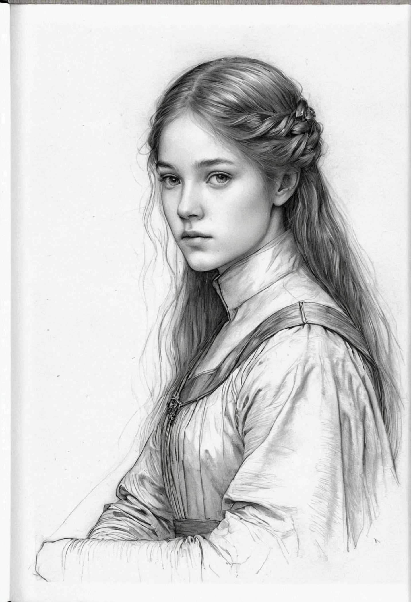 A delicate, graphite sketch portrays a libarian girl sitting behind a medival desk, her features rendered in subtle shading and precise lines. The framing is tight, focusing attention on the subject's serene face. Soft, feathery strokes convey the gentle texture of her hair, while the delicate curve of her neck is emphasized by the pencil's softness. The overall mood is contemplative, as if the woman is lost in thought.