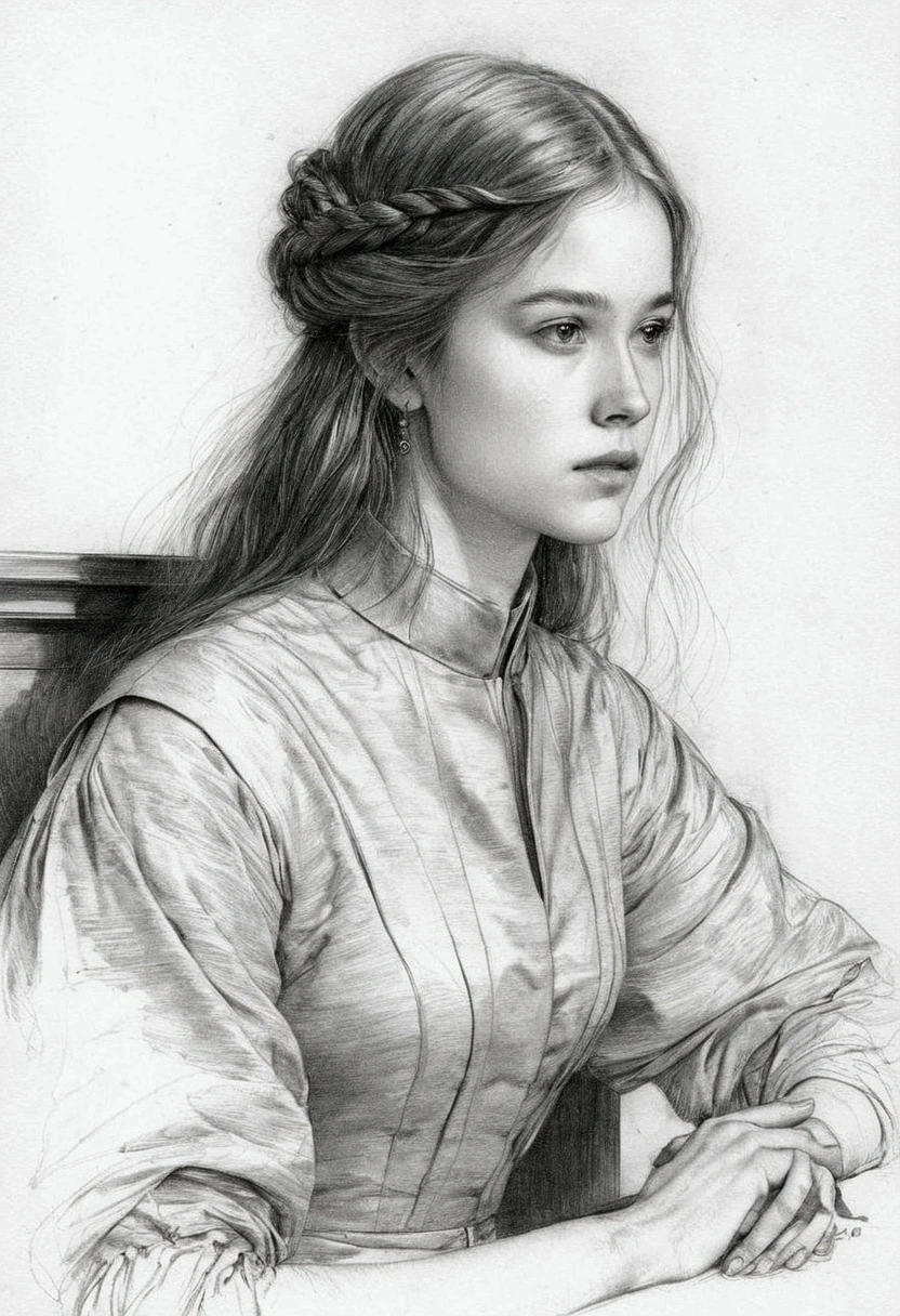 A delicate, graphite sketch portrays a nude medival healer girl sitting behind a medival desk, her features rendered in subtle shading and precise lines. The framing is tight, focusing attention on the subject's serene face. Soft, feathery strokes convey the gentle texture of her hair, while the delicate curve of her neck is emphasized by the pencil's softness. The overall mood is contemplative, as if the woman is lost in thought.