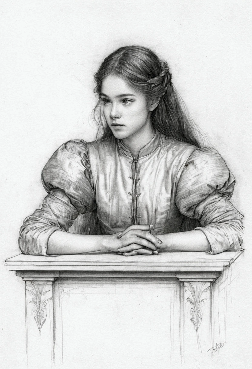 A delicate, graphite sketch portrays a libarian girl sitting behind a medival desk, her features rendered in subtle shading and precise lines. The framing is tight, focusing attention on the subject's serene face. Soft, feathery strokes convey the gentle texture of her hair, while the delicate curve of her neck is emphasized by the pencil's softness. The overall mood is contemplative, as if the woman is lost in thought.