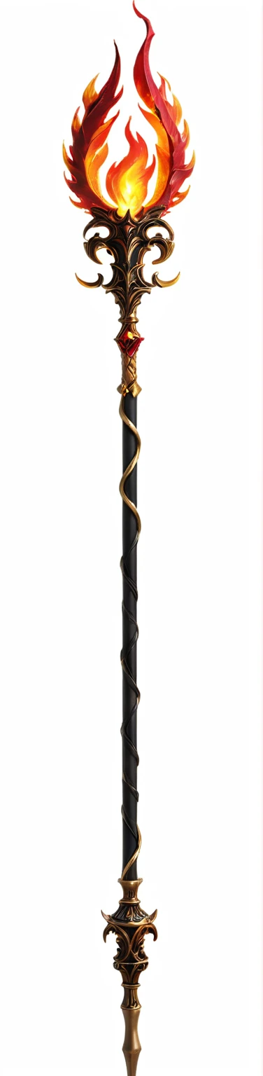 Flame staff, red staff, gold details, black and red fantasy staff, fire staff, draconic staff, flaming staff, dragon staff, intricate fantasy staff, glowing draconic staff, magic fire staff, wooden staff, wizard magic staff