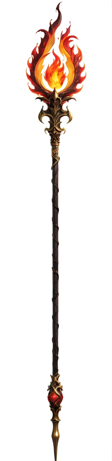 Flame staff, red staff, gold details, black and red fantasy staff, fire staff, draconic staff, flaming staff, dragon staff, intricate fantasy staff, glowing draconic staff, magic fire staff, wooden staff, wizard magic staff