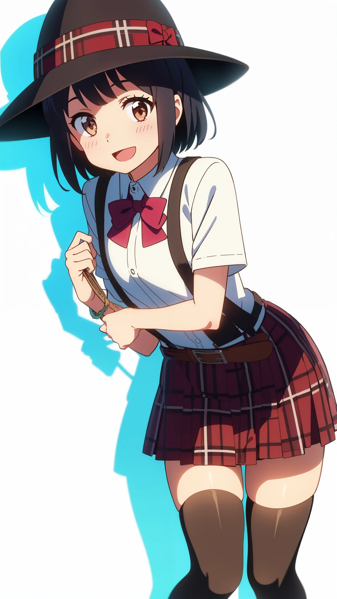 shinkai makoto, kimi no na wa., 1girl, bangs, black hair, blush, brown eyes, perfect face, looking at the viewer, bonnie hat, black suspenders, plaid t-shirt, garterbelt, sight, plaid skirt, belt, short hair, solo, shinny skin, smile, cute, open mouth, :D, black thighhighs, white background