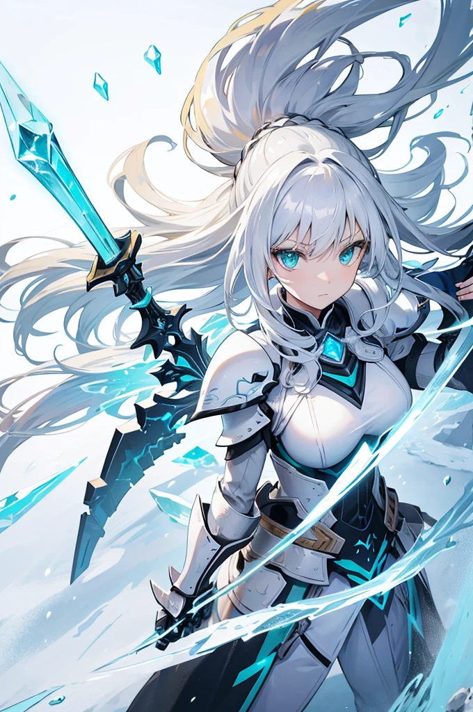 4K,high resolution,A woman,White and yellow hair,Langheier,Bright green eyes,brave,armor made of ice,Crystal sword,Snow Country,Blizzard background
