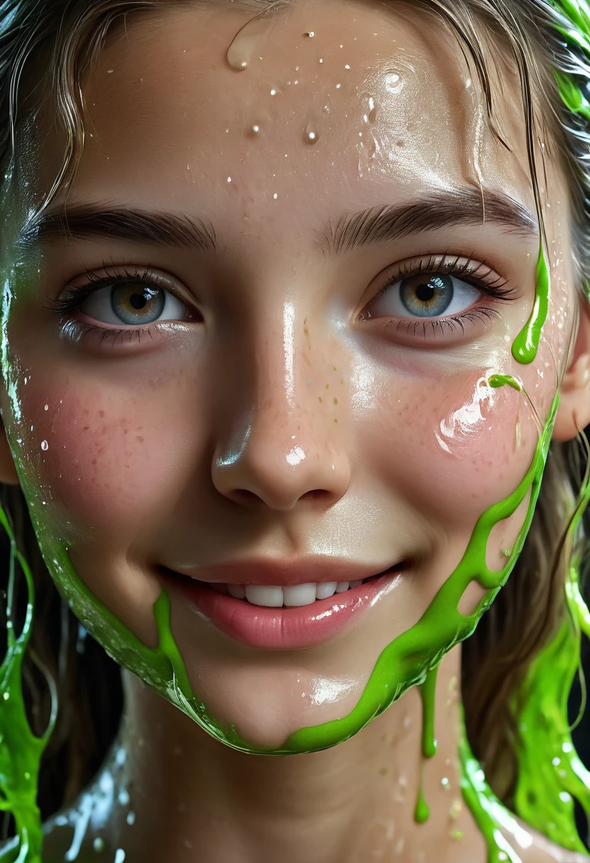 a portrait of photorealistic a girl, close up, slime all over the face, happy face, perfect face, UHD, intricate detailed, 8k, best quality ever, masterpiece, super detailed, unleashed creativity, beyond imagination, dramatic ligh