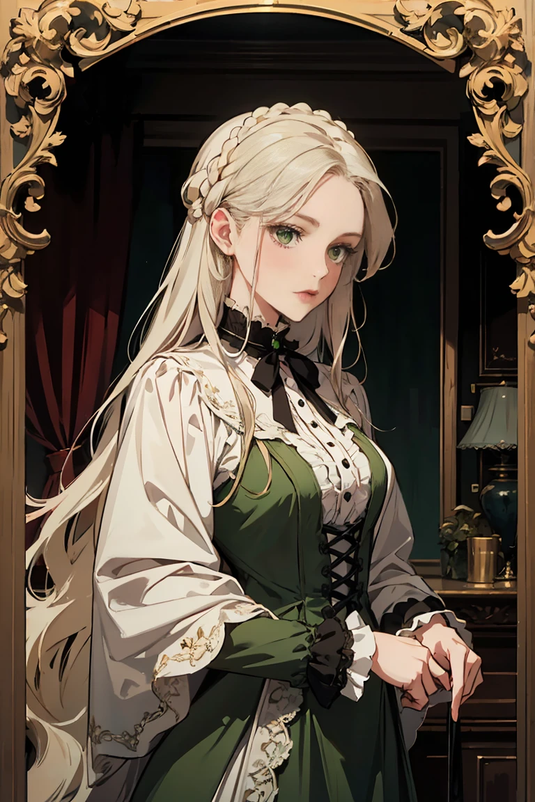 Long White-haired woman with green eyes, wearing Victorian era green gown.