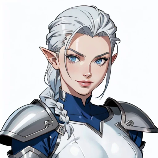 ophelia(claymore),1girl,Solo,fantasy,white skin,silver hair,show the forehead ,((slicked back hair)),((hair pulled back)),single braid,(long braid),(large braid),blue eyes,white bodysuit,white gloves,collarbone,silver pauldrons,evil smile,((simple background)),gray background,old school fantasy art,elf,silver armor