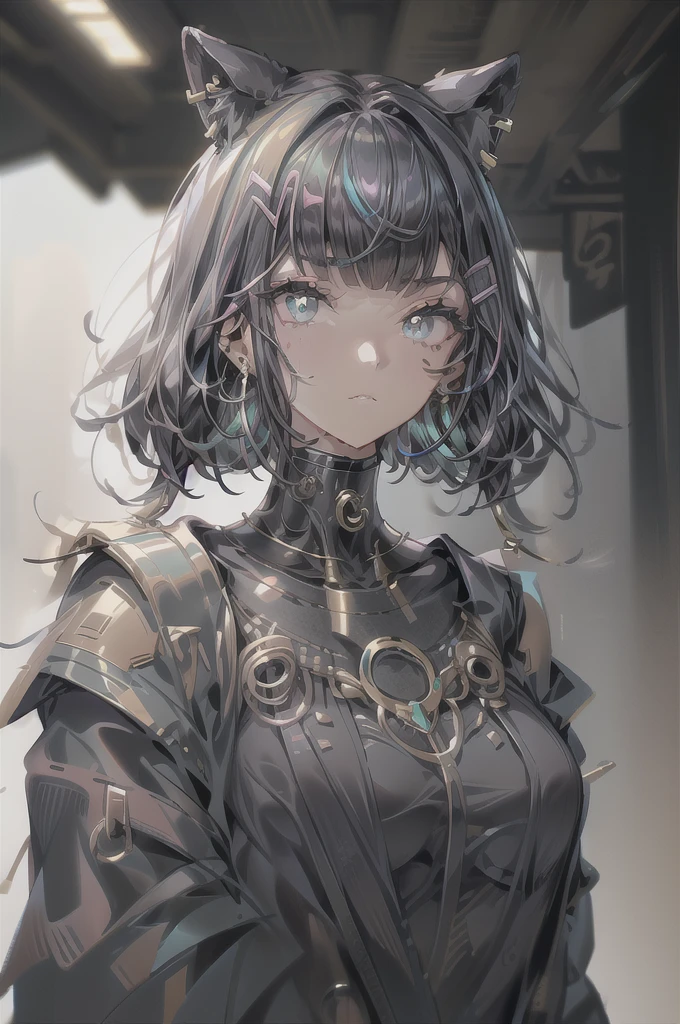 Goth_punk, One girl, robot, alone, Medium Shot, Walking around Harajuku, ((at night:1.2)), Bokeh, Neon Light, (Colorful background:1.2), Rainbow Eyes, Starry Sky, 白いShiny Hair, White eyebrows, Shiny Hair, (Iridescent white hair), Earrings, bangs, jewelry, mask, blunt bangs, Green Eyes, mouth mask, Blurred background, Blurred, hair ornaments, Looking at the audience, short hair, Portraiture, Side Lock,In a completely different expression。
