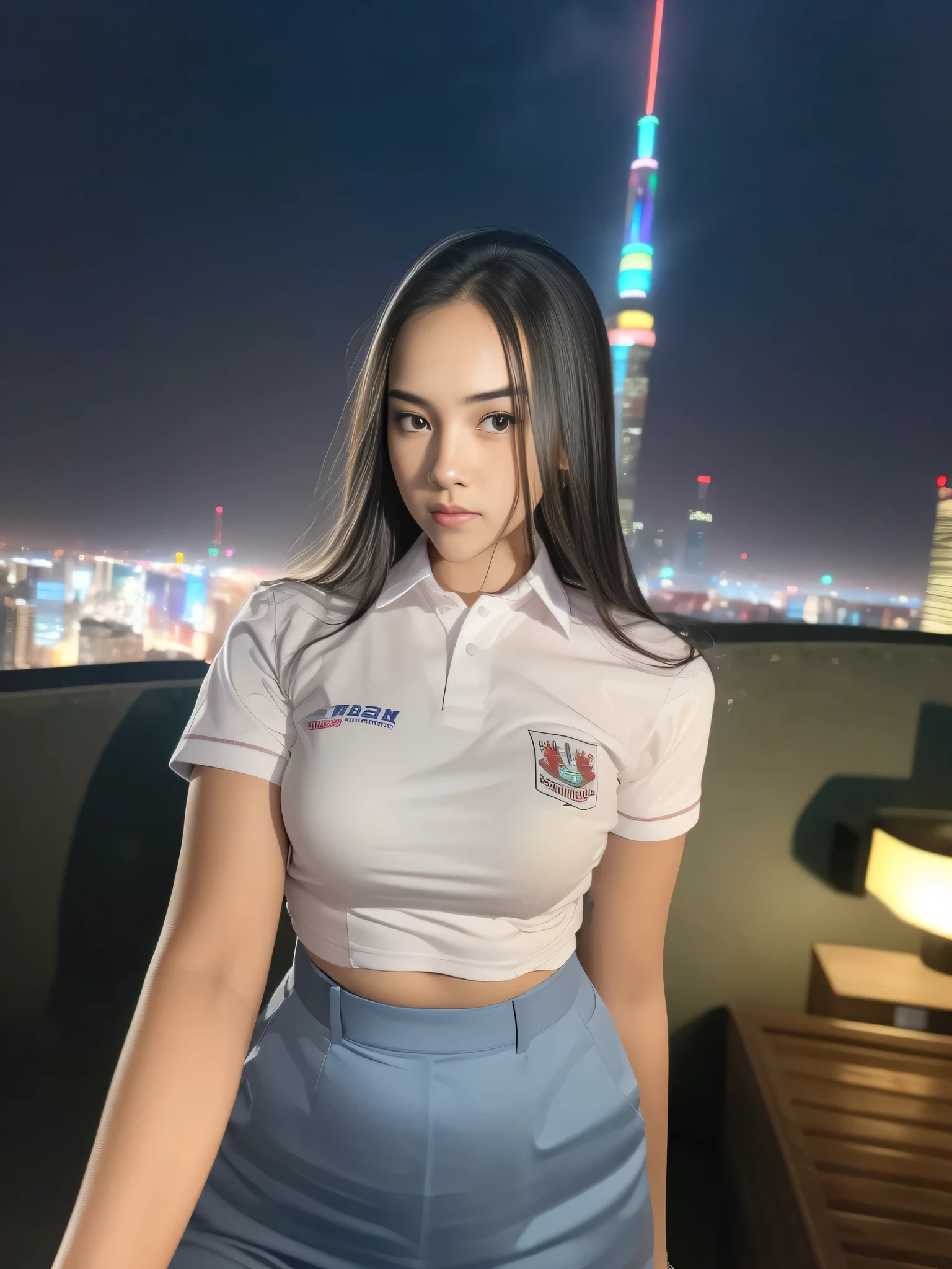 1girl, (uniform), standing, outdoors, night view, detailed Metropolitan city at the background, (Overhead view:1.35), (zoom out: 1.2), detailed face, cute angry face, detailed eyes, medium large breasts, six pack abs, smooth realistic skin, semi-curvy body, white shirt, grey blue short skirt, looking at the audience, (8k, RAW photo, best quality, masterpiece: 1.2), (realistic, realistic: 1.37), ultra-high resolution