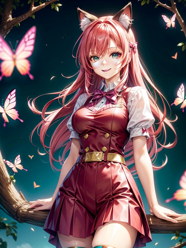 Redpink hair, hazel eyes, older woman, hair bows, cat ears, long hair, smiling face, sexy outfit, butterflies, teal and gold outfit, butterfly background, uniform top