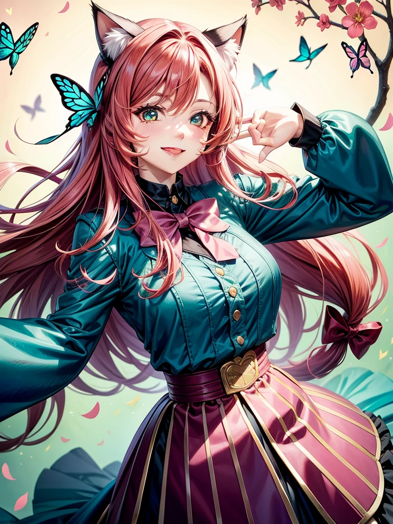 Redpink hair, hazel eyes, older woman, hair bows, cat ears, long hair, smiling face, sexy outfit, butterflies, teal and gold outfit, butterfly background, uniform top